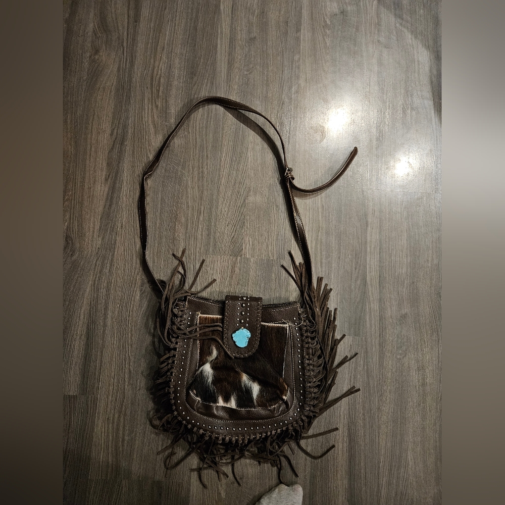 Brown and Tan Crossbody Bag with Fringe